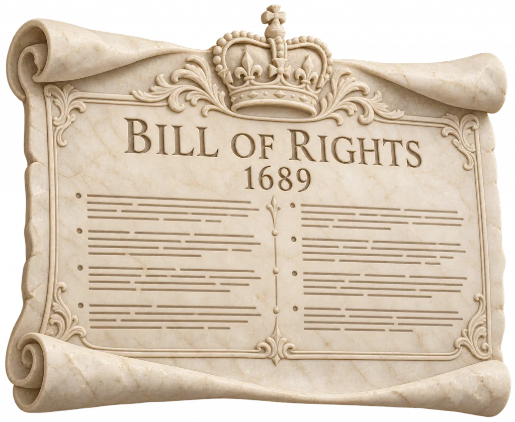 Pergamino decorado con el título “Bill of Rights 1689”, presentado como un documento histórico con texto distribuido en columnas.