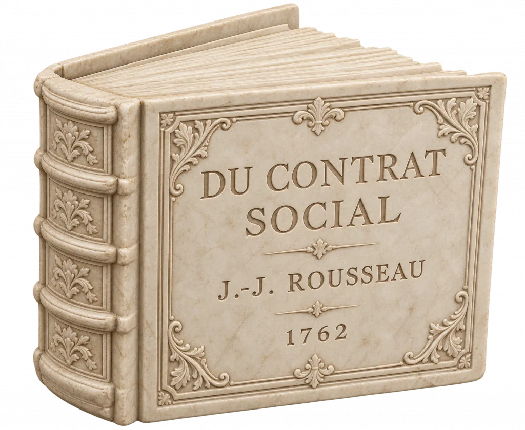 Libro cerrado con cubierta decorada e inscripción “Du Contrat Social”, acompañado del nombre de Jean-Jacques Rousseau y el año 1762 grabados en la portada.