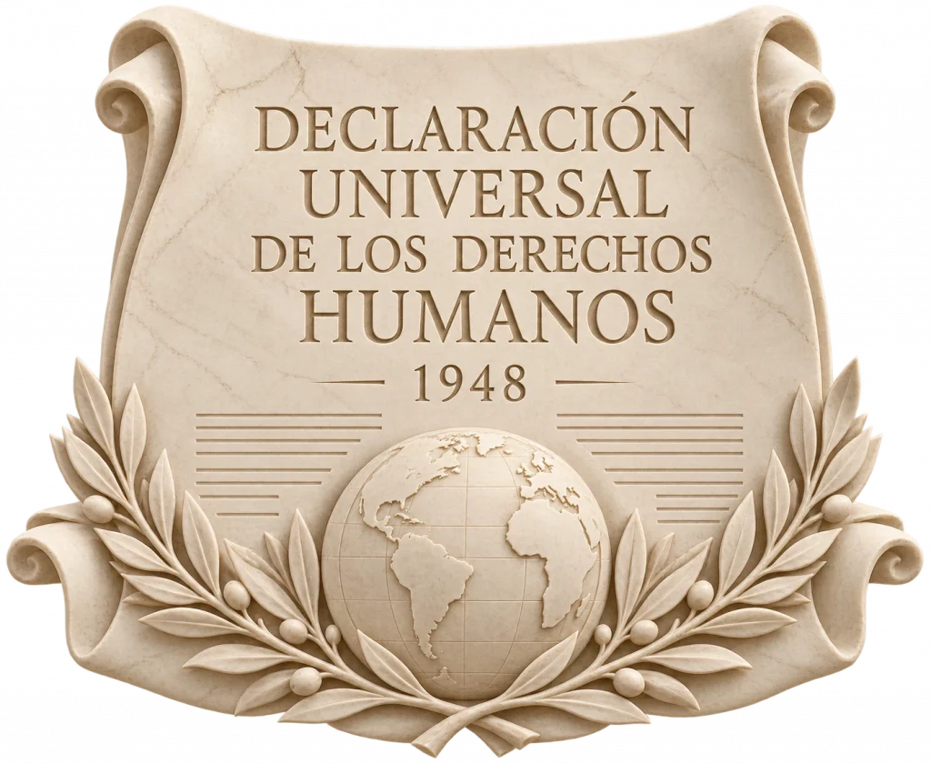 Pergamino decorativo con el texto “Declaración Universal de los Derechos Humanos 1948”, rodeado por ramas de laurel y un globo terráqueo en la parte inferior.
