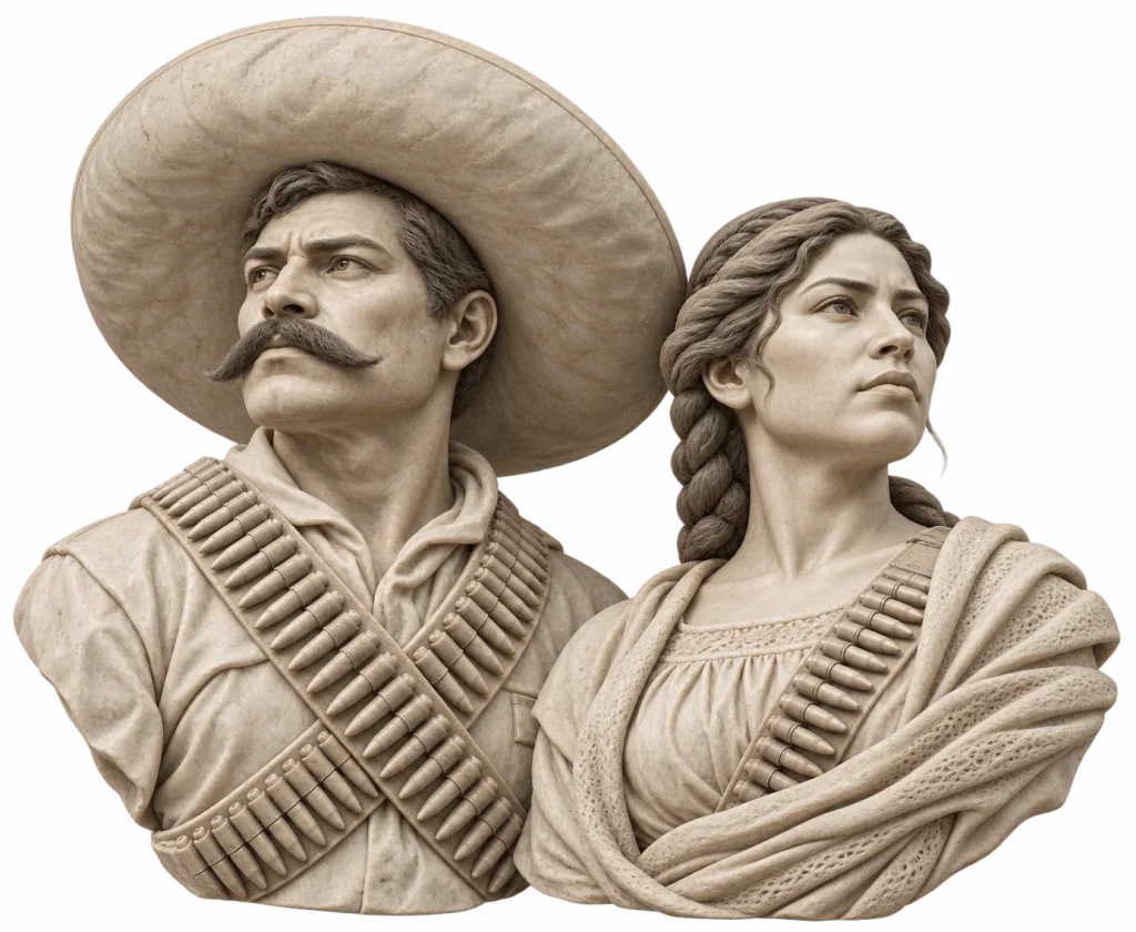 Escultura de dos personas con vestimenta revolucionaria, una con sombrero amplio y cartucheras cruzadas y otra con trenzas y cartucheras, representadas en actitud firme.