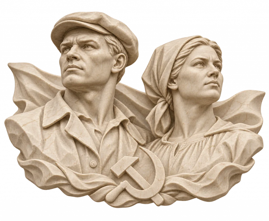 Relieve escultórico de dos personas con vestimenta obrera y campesina, acompañadas por el símbolo de la hoz y el martillo en la parte inferior.