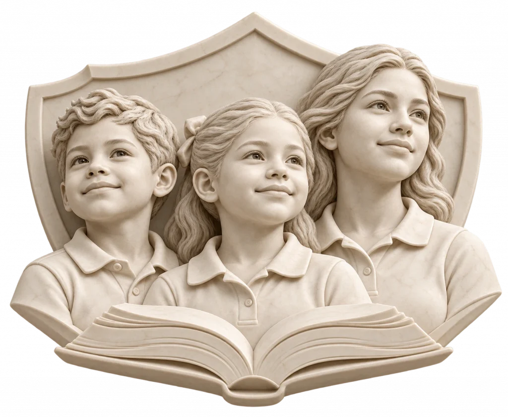 Tres niños representados en relieve escultórico frente a un libro abierto y un escudo al fondo, simbolizando educación y protección escolar.